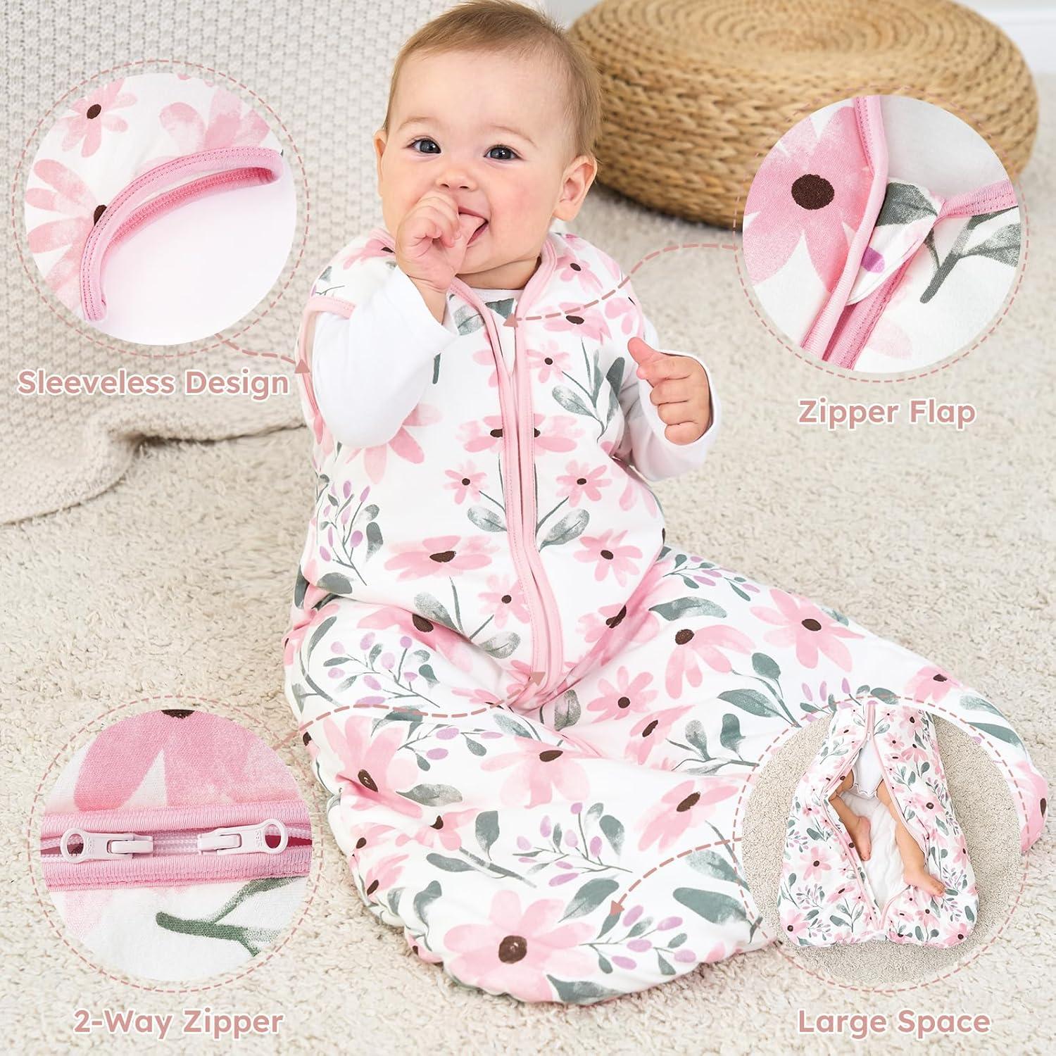 imageYoofoss Baby Sleep Sack 612 Months 05 Tog Wearable Blanket for Baby 3 Pack 100 Organic Cotton Infant Toddler Sleeping Sack 2Way Zipper Lightweight Sleep SackPink Flowers