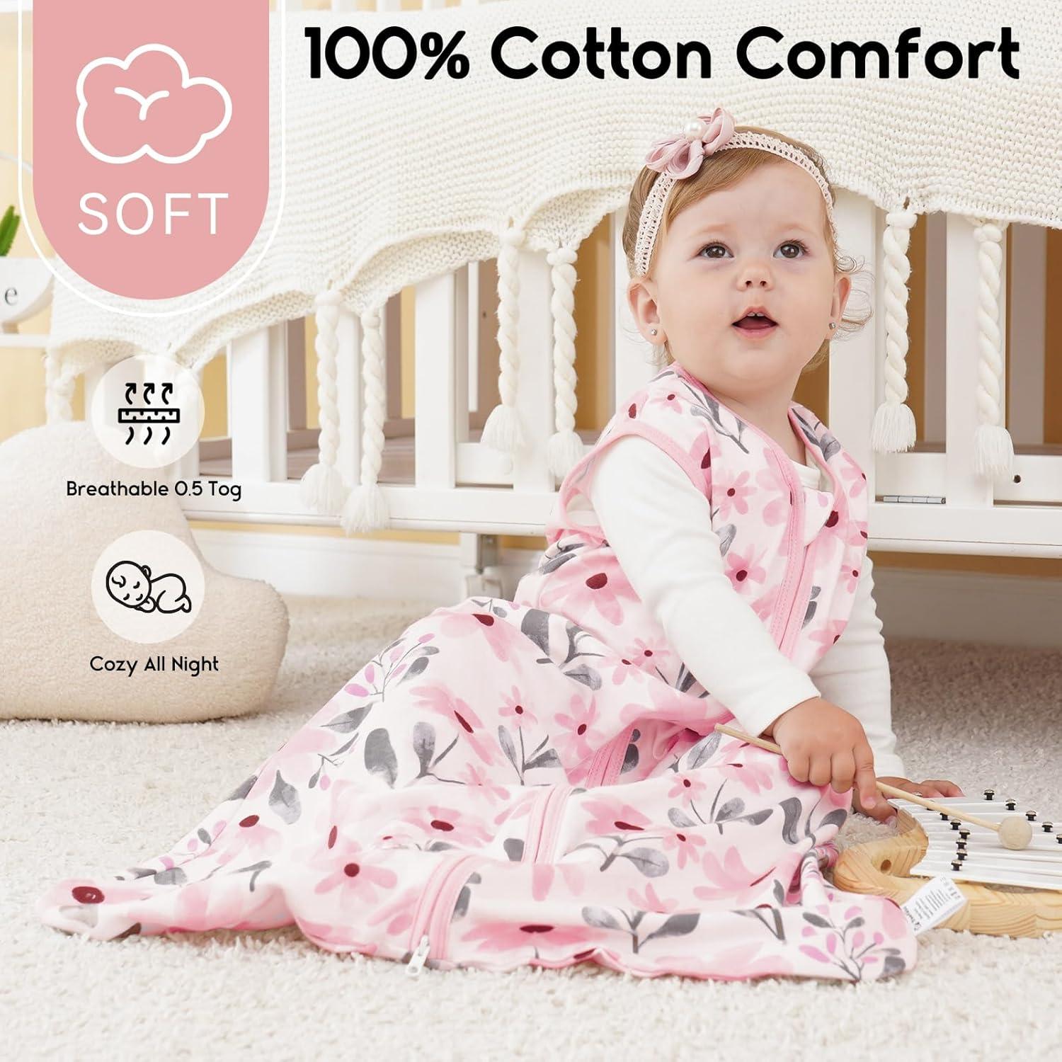 imageYoofoss Baby Sleep Sack 612 Months 05 Tog Wearable Blanket for Baby 3 Pack 100 Organic Cotton Infant Toddler Sleeping Sack 2Way Zipper Lightweight Sleep SackPink Floral