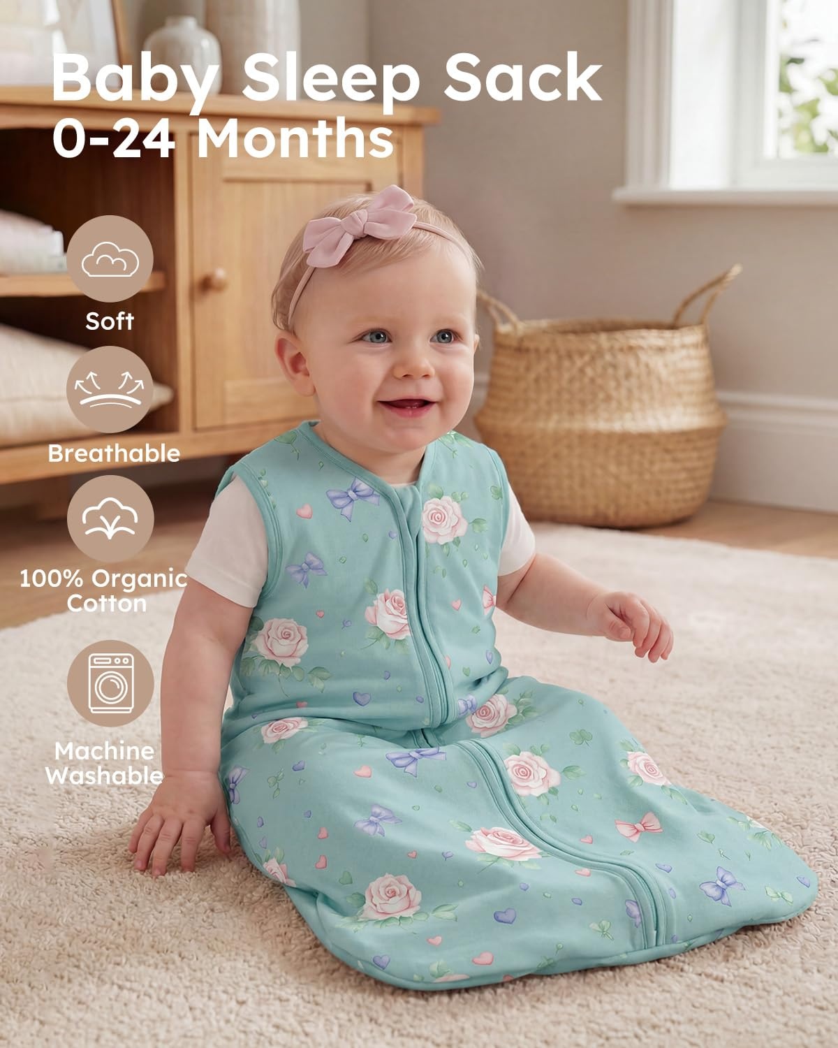 image:imageYoofoss Baby Sleep Sack 612 Month 05TOG 100 Organic Cotton 2Way ZipperGreenroseangel