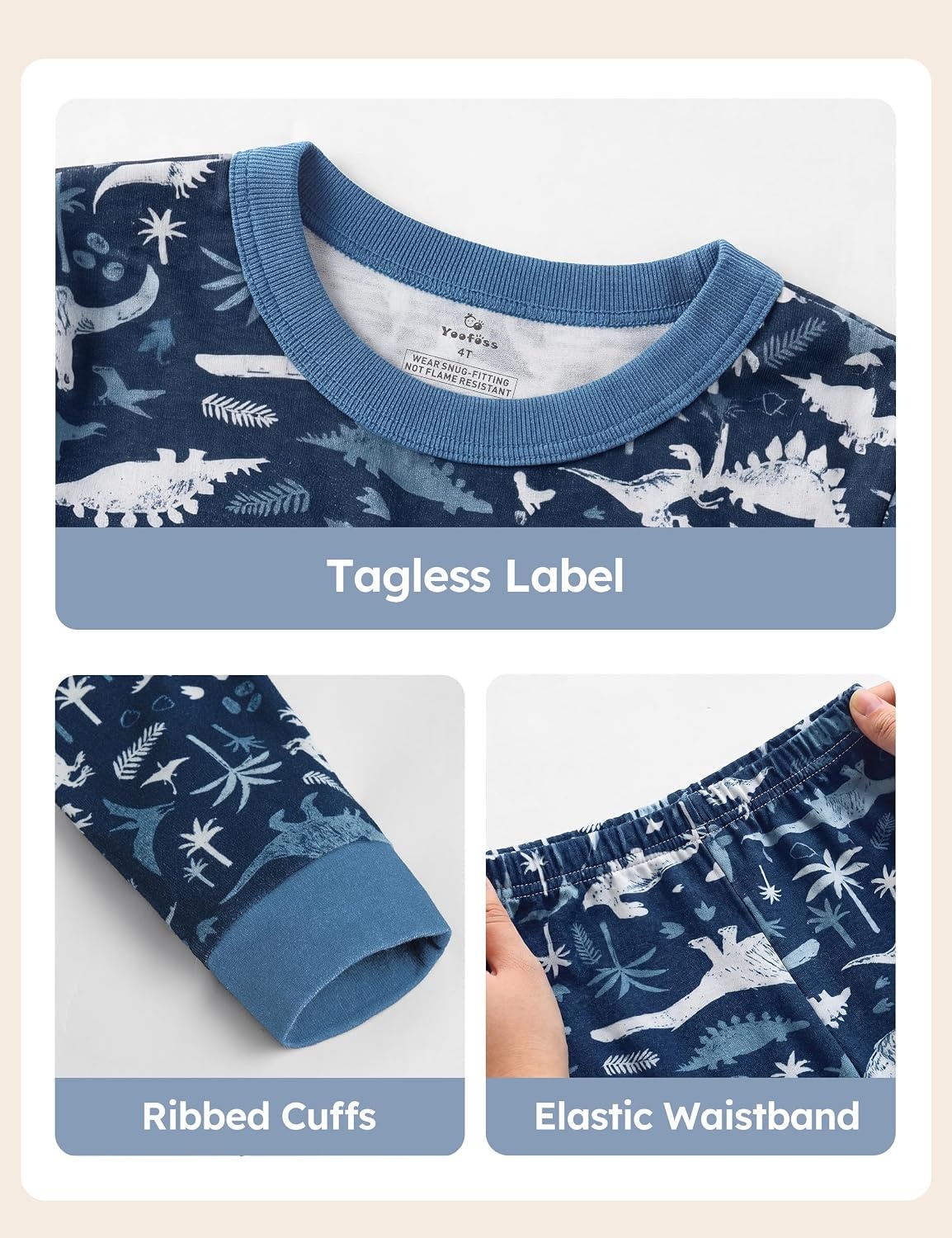 image:imageYoofoss Toddler Pajamas 100 Organic Cotton Pjs Kids Set for Boys GirlsLongdark Blue Dinosaur