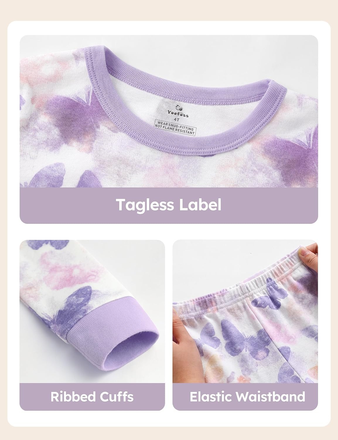 image:imageYoofoss Toddler Pajamas 100 Organic Cotton Pjs Kids Set for Boys GirlsLongwhite Purple Butterfly