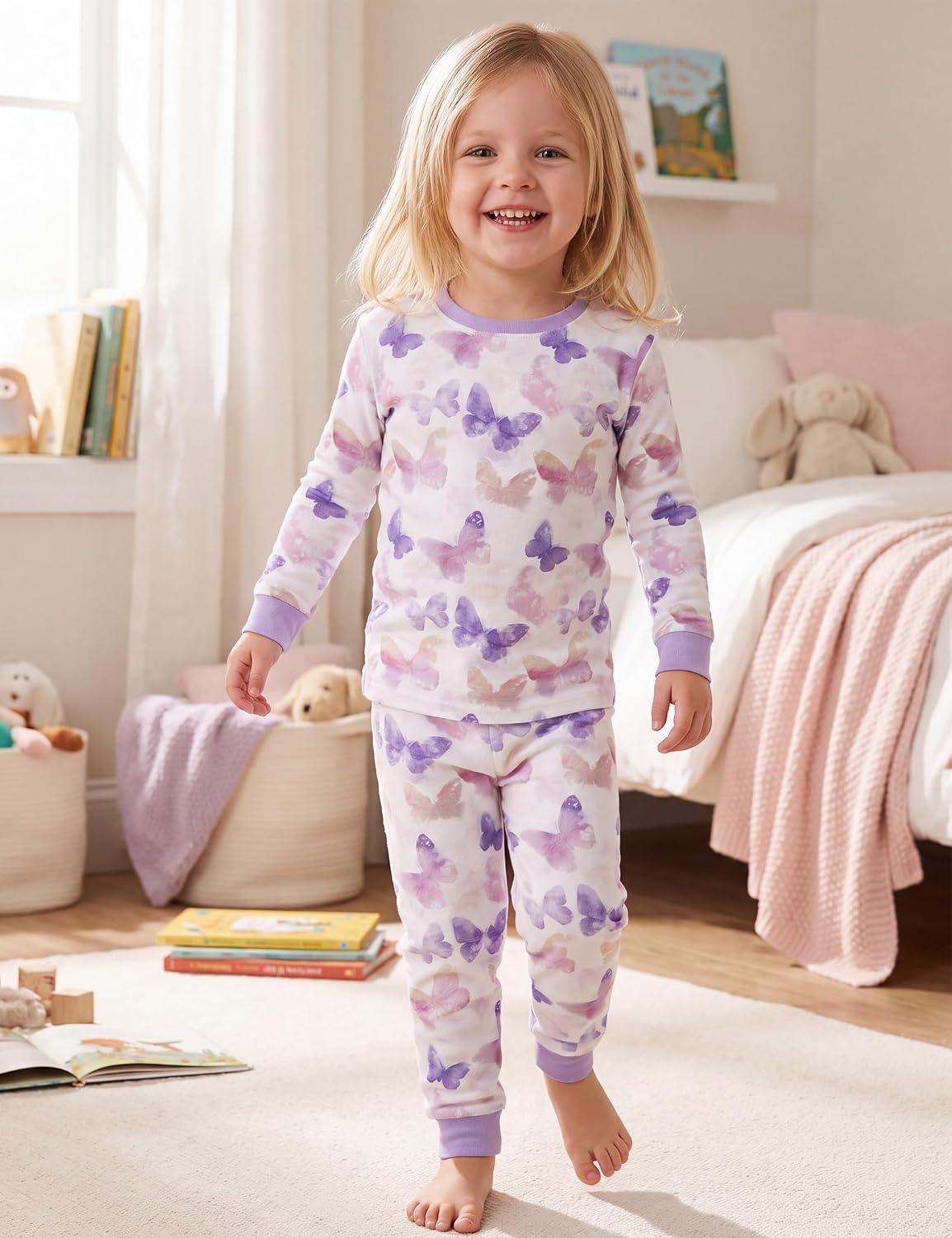 image:imageYoofoss Toddler Pajamas 100 Organic Cotton Pjs Kids Set for Boys GirlsLongwhite Purple Butterfly