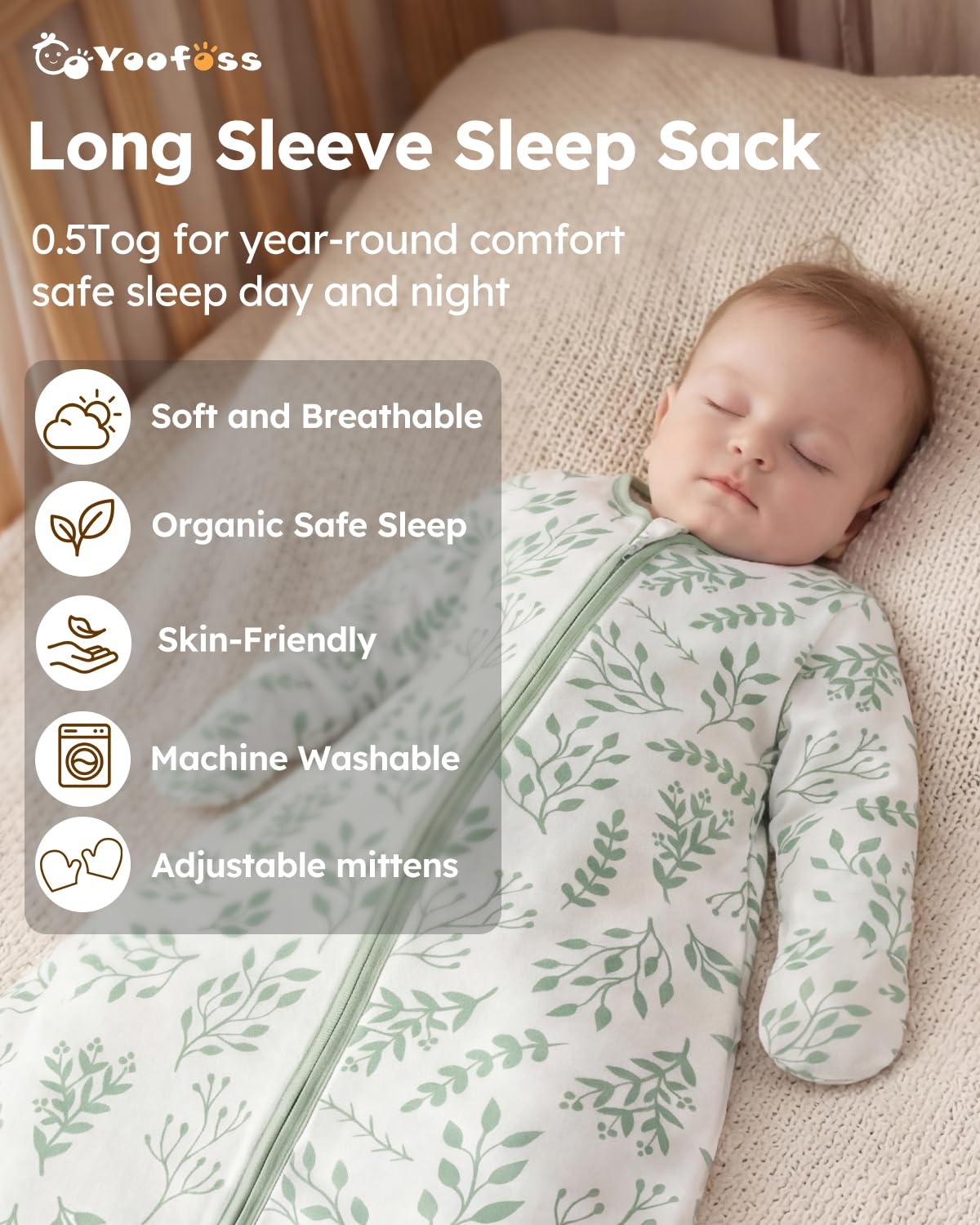image:imageYoofoss Baby Sleep Sack 03 Months 100 Cotton Long Sleeve 2 Pack 05 Tog05 Togleafgreen