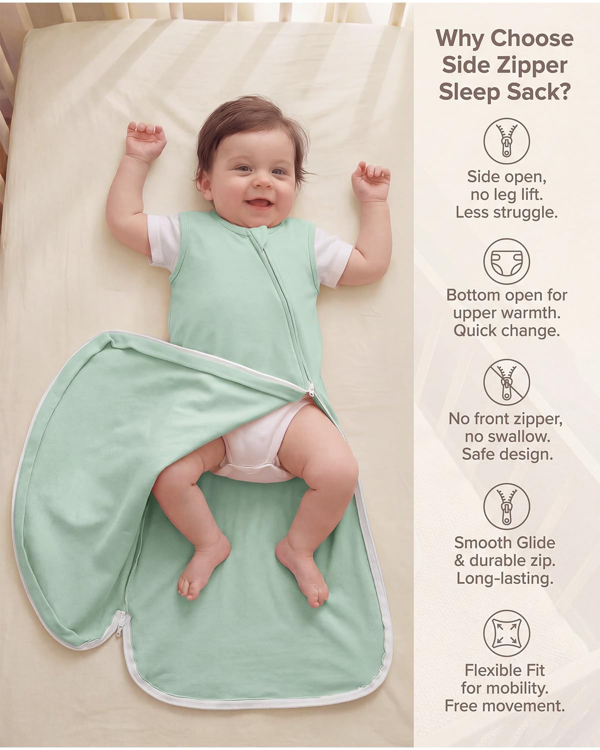 image:imageYoofoss Sleep Sack 1218 Months 05 TOG 100 Organic Cotton 2Way ZipperBanana Leaf Green