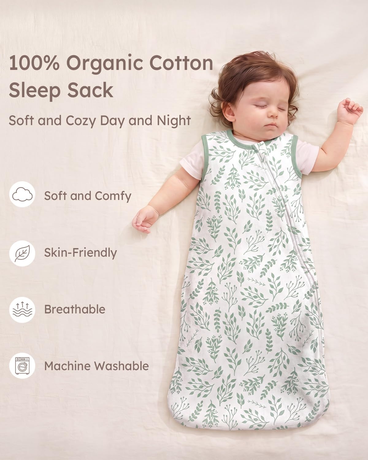 image:imageYoofoss Sleep Sack 1218 Months 05 TOG 100 Organic Cotton 2Way ZipperBanana Leaf Green