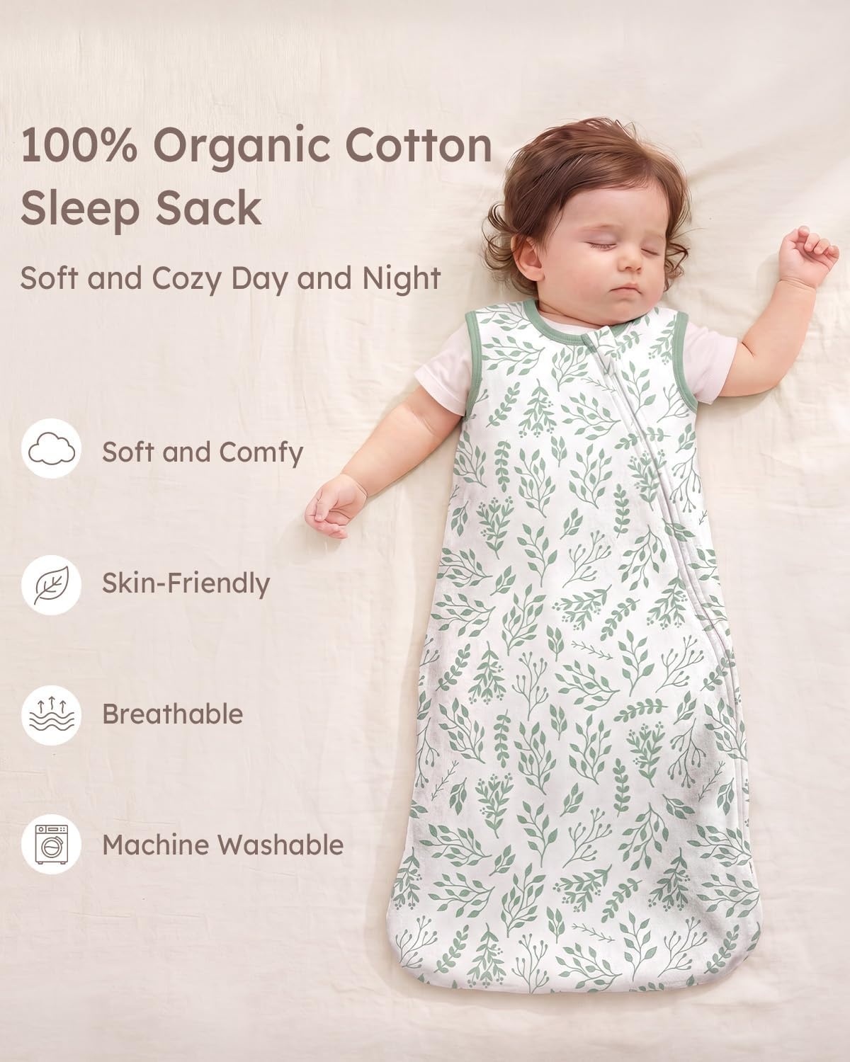 image:imageYoofoss Sleep Sack 1218 Months 05 TOG 100 Organic Cotton 2Way ZipperBanana Leaf Green