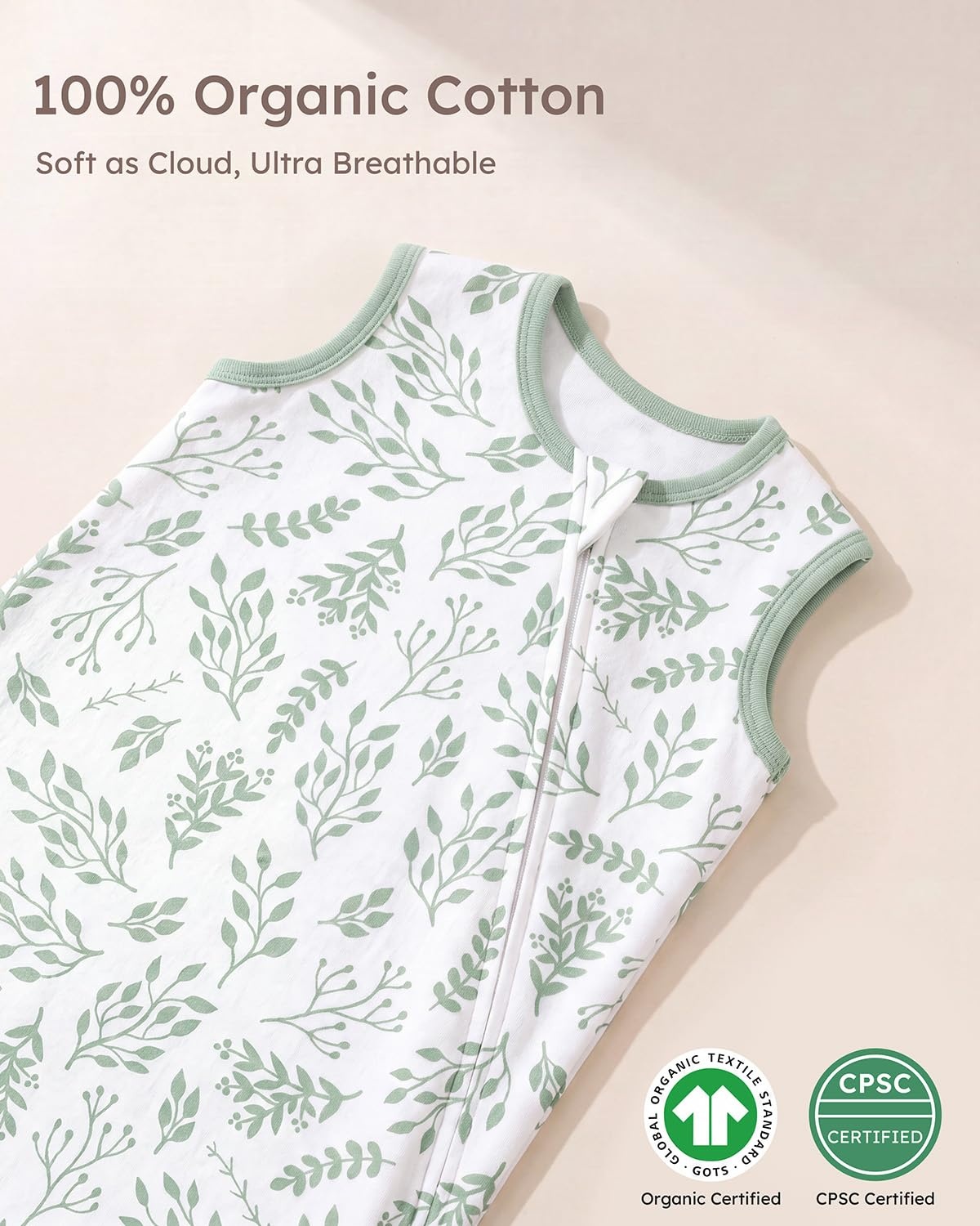 image:imageYoofoss Sleep Sack 1218 Months 05 TOG 100 Organic Cotton 2Way ZipperBanana Leaf Green