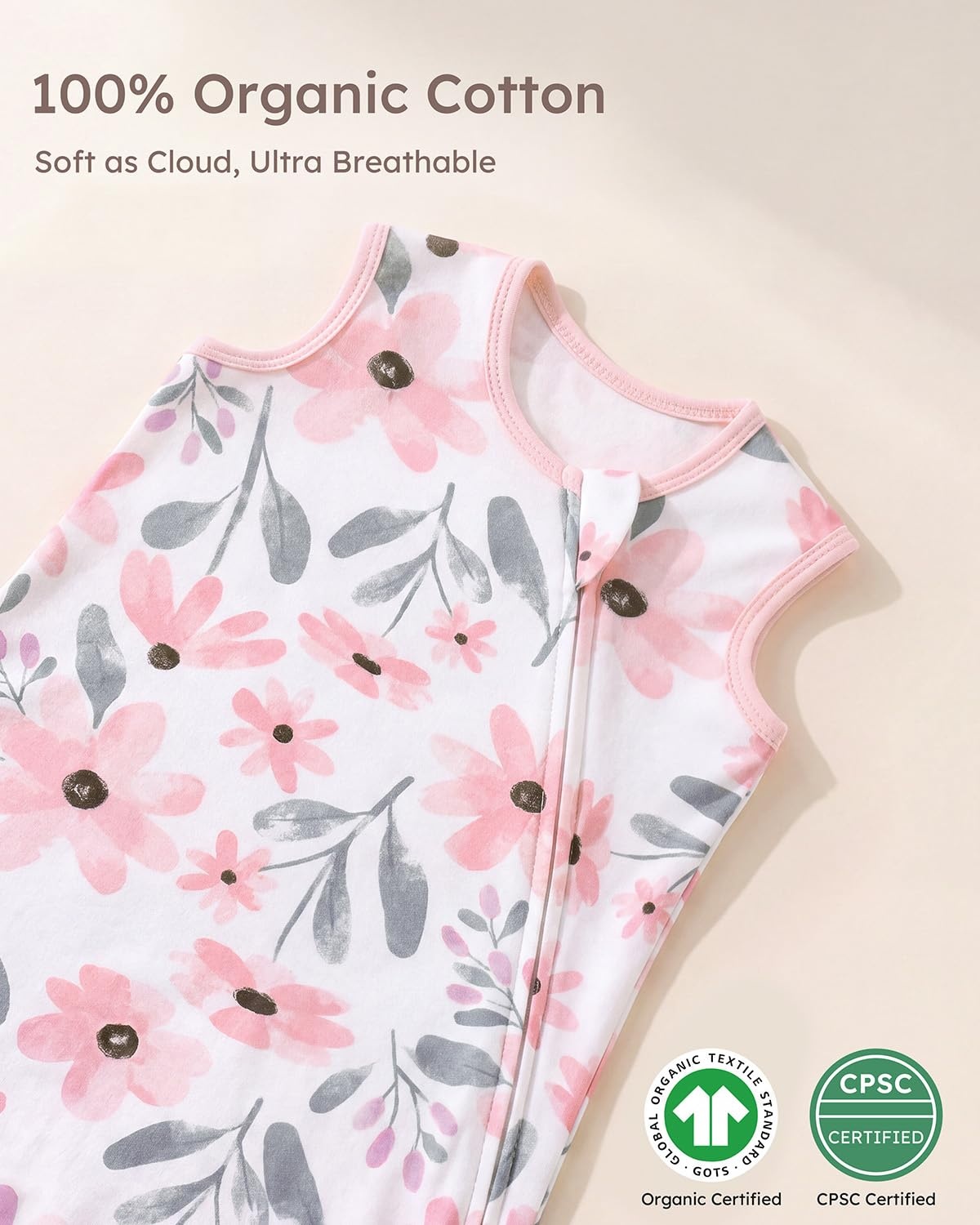 image:imageYoofoss Sleep Sack 1218 Months 05 TOG 100 Organic Cotton 2Way ZipperPink Flowers