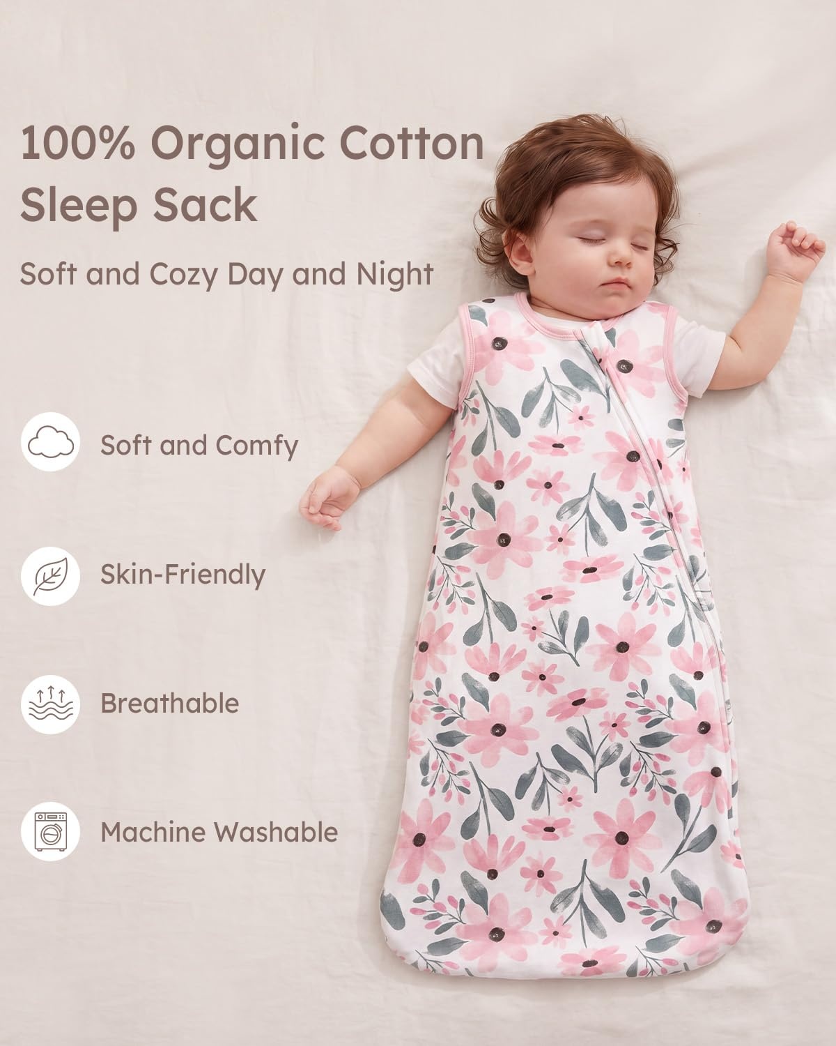 image:imageYoofoss Sleep Sack 1218 Months 05 TOG 100 Organic Cotton 2Way ZipperPink Flowers