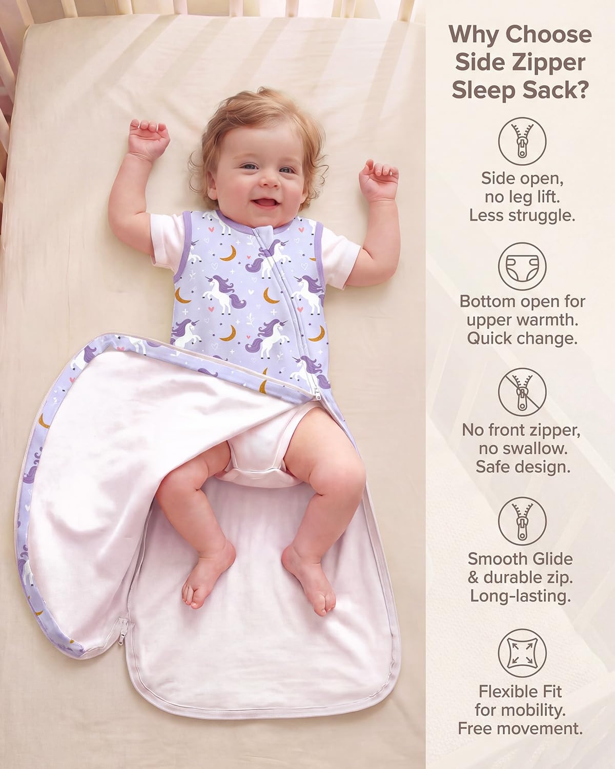 image:imageYoofoss Sleep Sack 1218 Months 05 TOG 100 Organic Cotton 2Way ZipperPurple Unicorn Butterflies