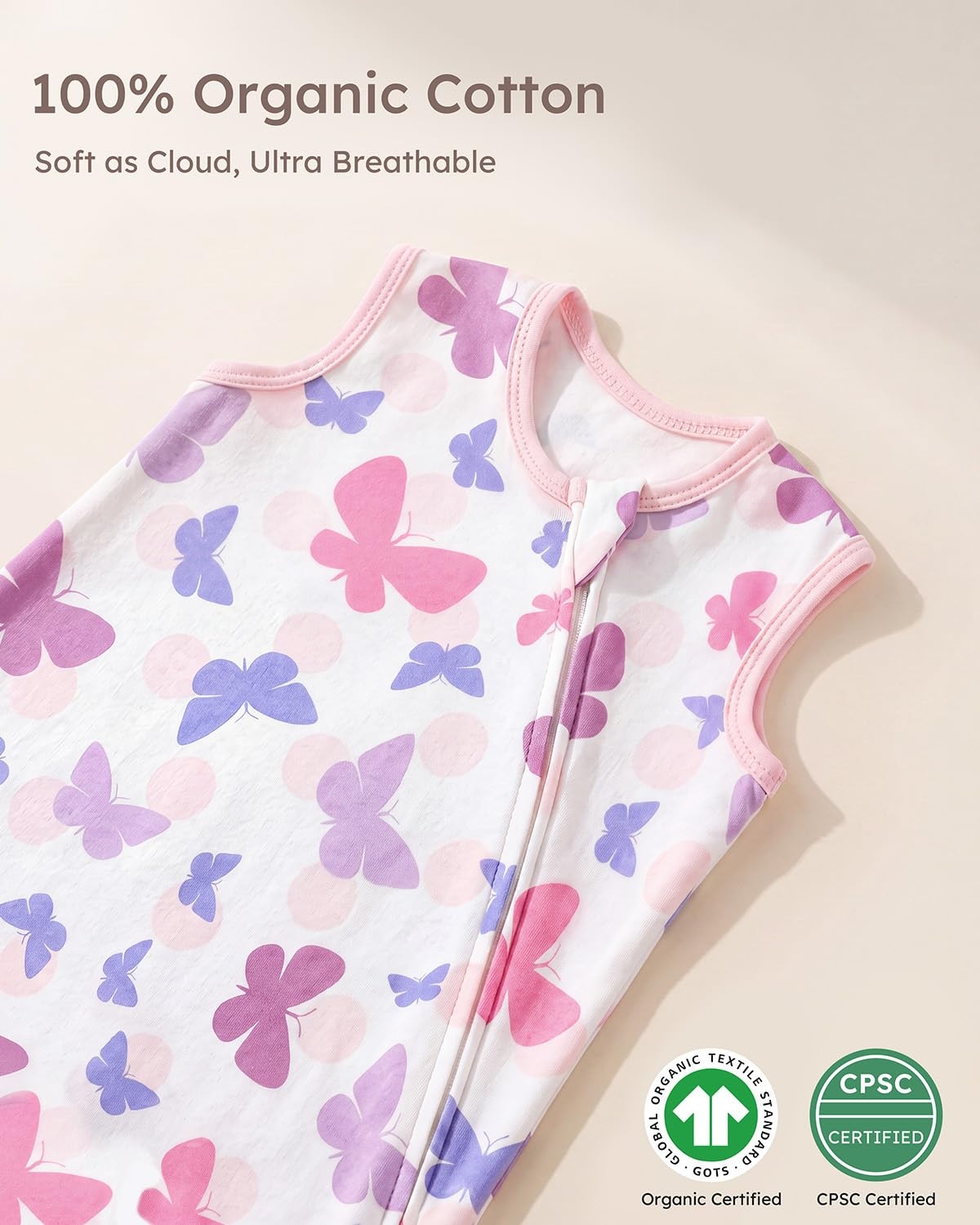 image:imageYoofoss Sleep Sack 1218 Months 05 TOG 100 Organic Cotton 2Way ZipperPurple Unicorn Butterflies