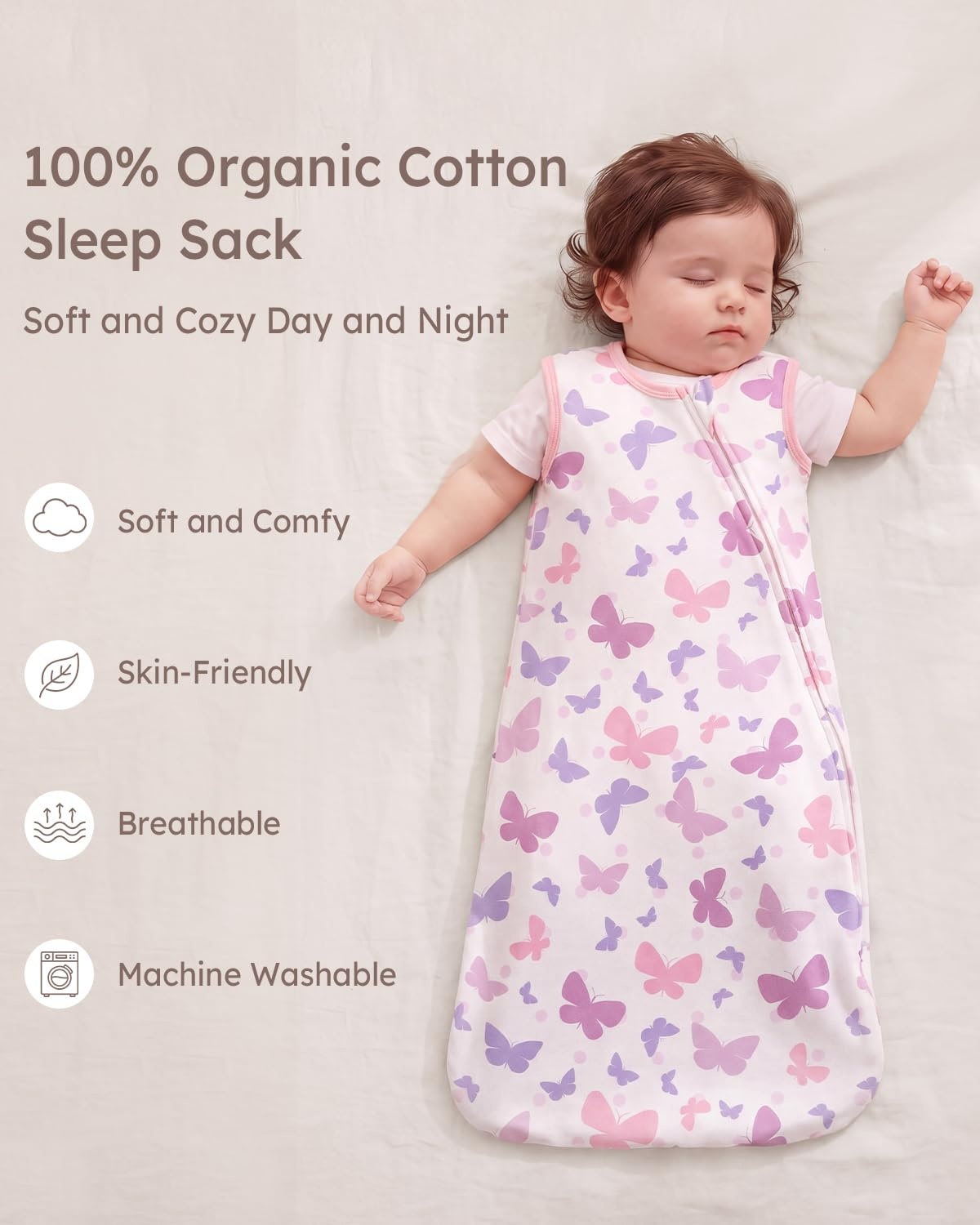 image:imageYoofoss Sleep Sack 1218 Months 05 TOG 100 Organic Cotton 2Way ZipperPurple Unicorn Butterflies