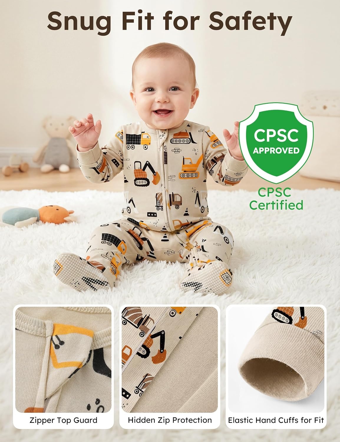 image:imageYoofoss Toddler Pajamas 100 Organic Cotton Baby Sleepers for Boy GirlBrown Excavator