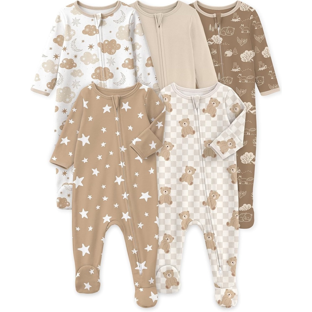 image:imageYoofoss Baby Sleepers 5 Pack 100 Organic Cotton Girl Boys Newborn PajamasBrown Plaid Bear