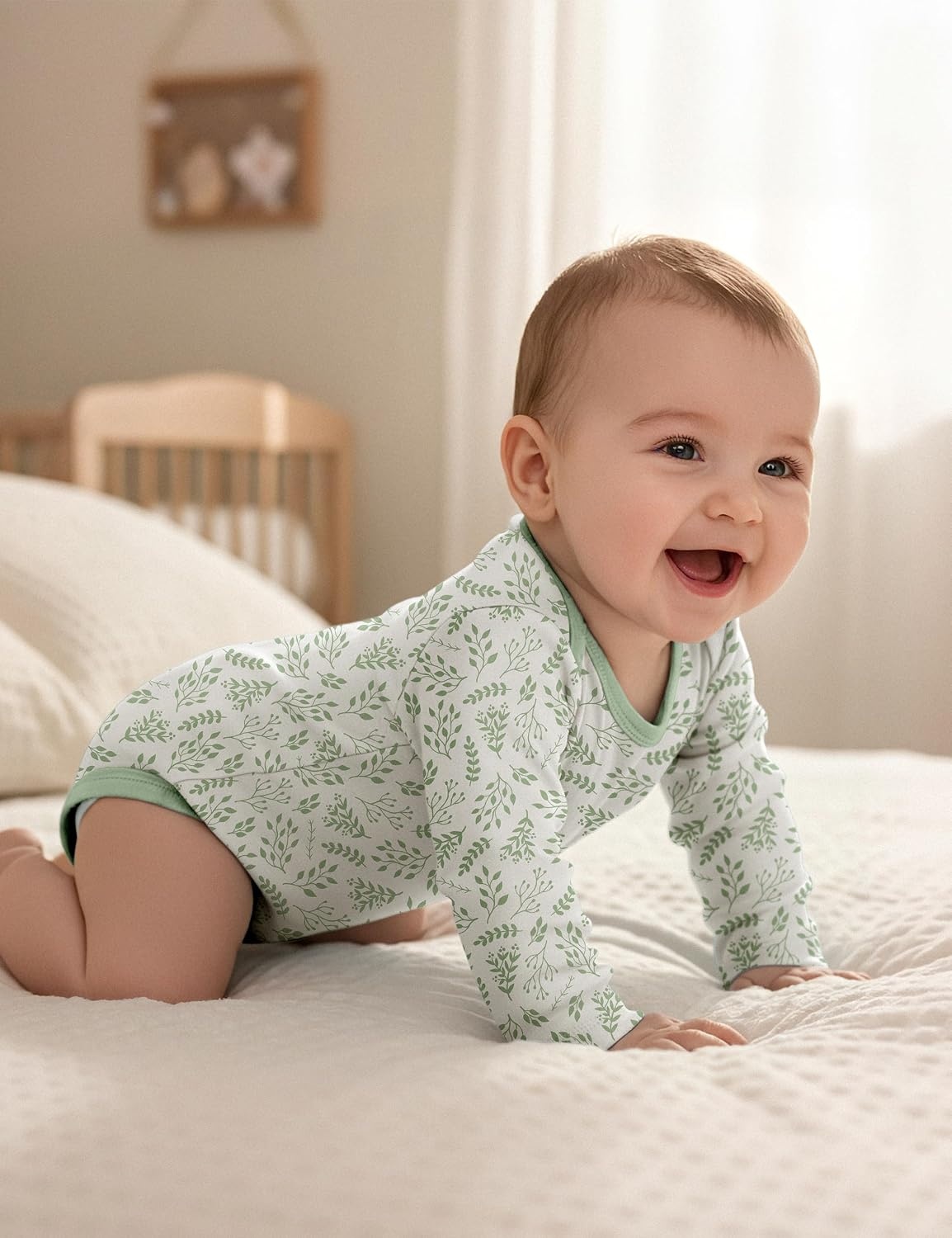 image:imageYoofoss Baby Bodysuits 100 Organic Cotton Long Sleeve for Boy Girl 3 PackGreen Leaves