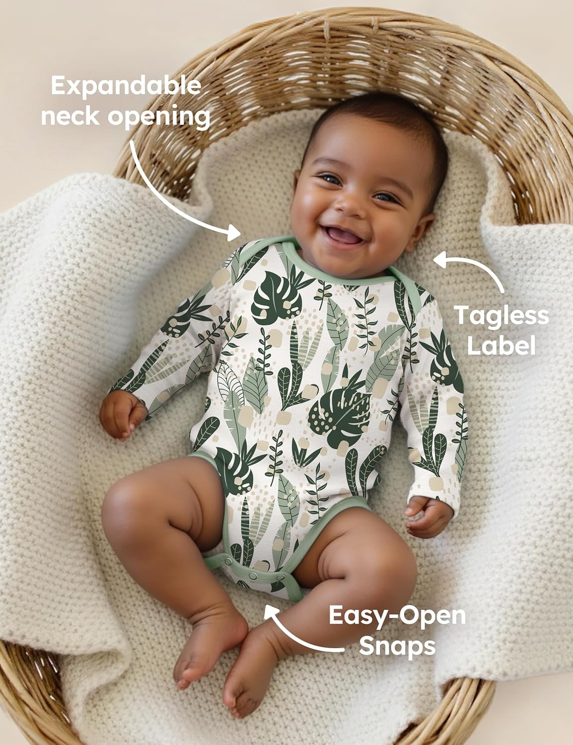 image:imageYoofoss Baby Bodysuits 100 Organic Cotton Long Sleeve for Boy Girl 3 PackGreen Leaves