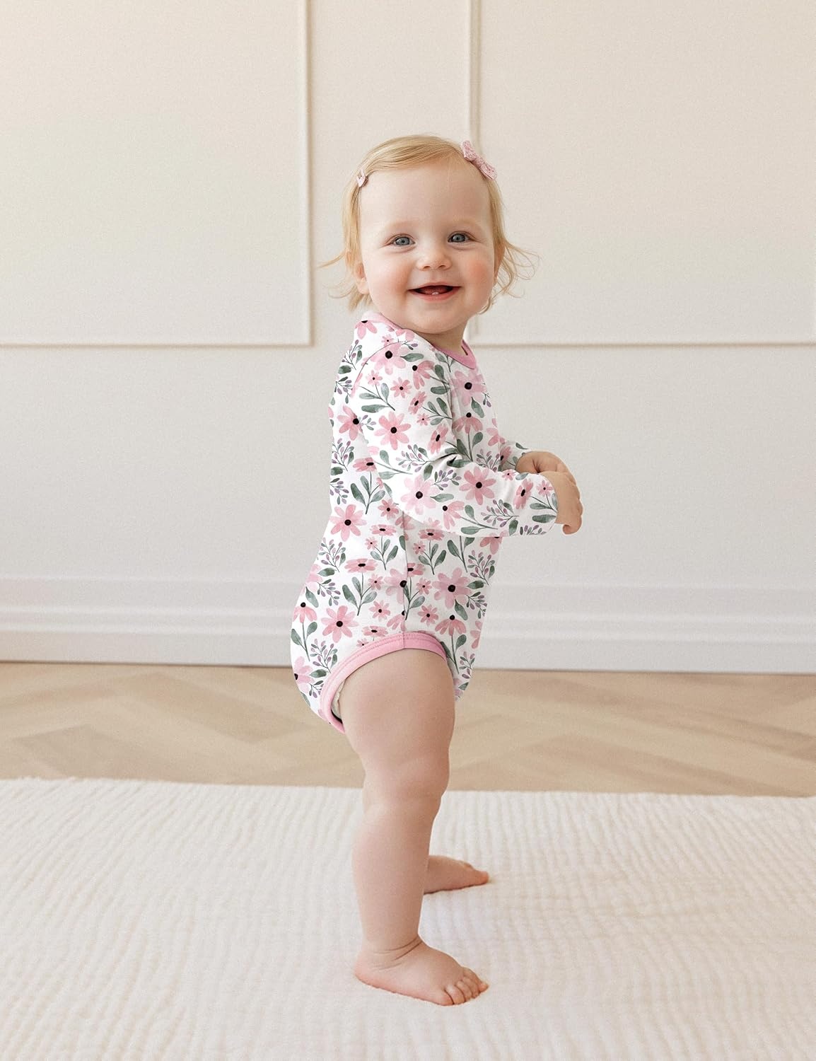 image:imageYoofoss Baby Bodysuits 100 Organic Cotton Long Sleeve for Boy Girl 3 PackPink Flower