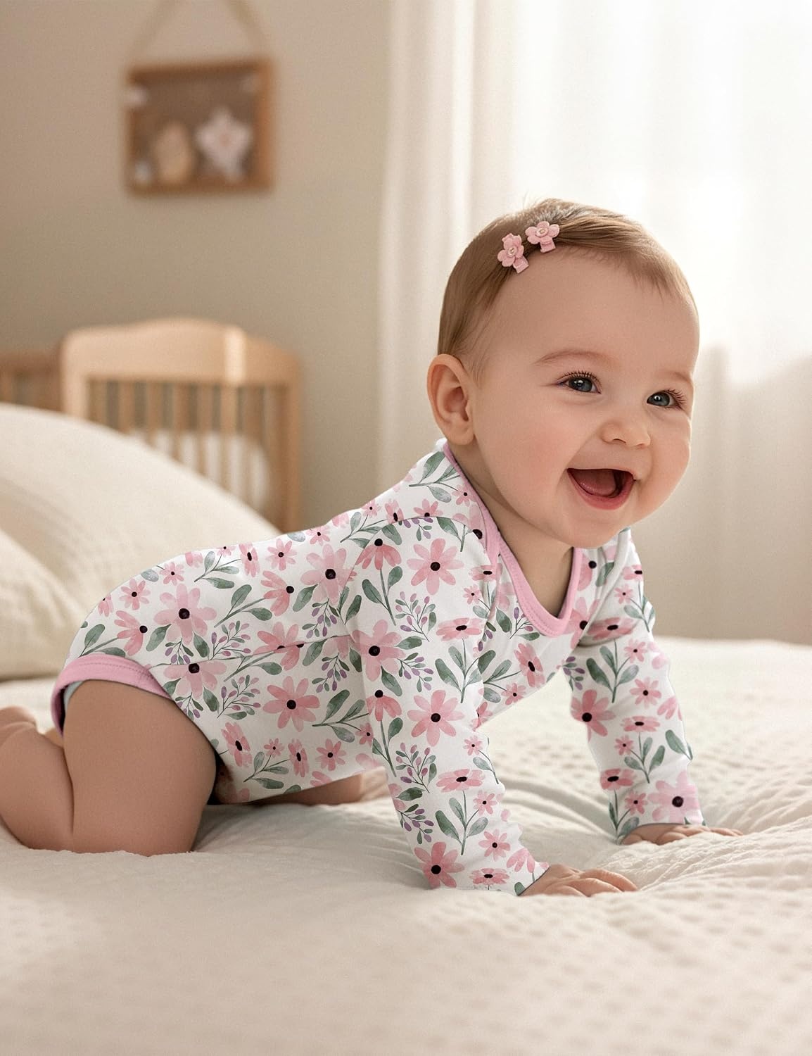 image:imageYoofoss Baby Bodysuits 100 Organic Cotton Long Sleeve for Boy Girl 3 PackPink Flower