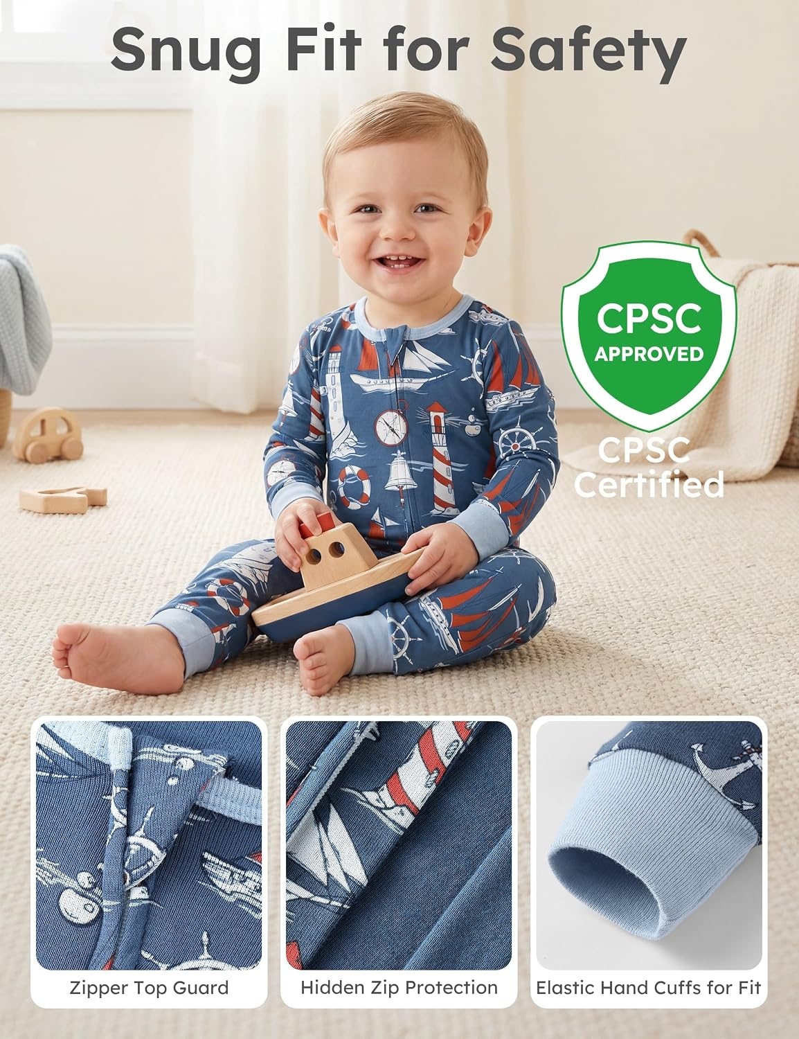 image:imageYoofoss Toddler Pajamas 100 Organic Cotton Baby Sleeper for Boys Girls 2way Zipper Footless Romper 3 Pack Baby PjsBlue White Sailboat