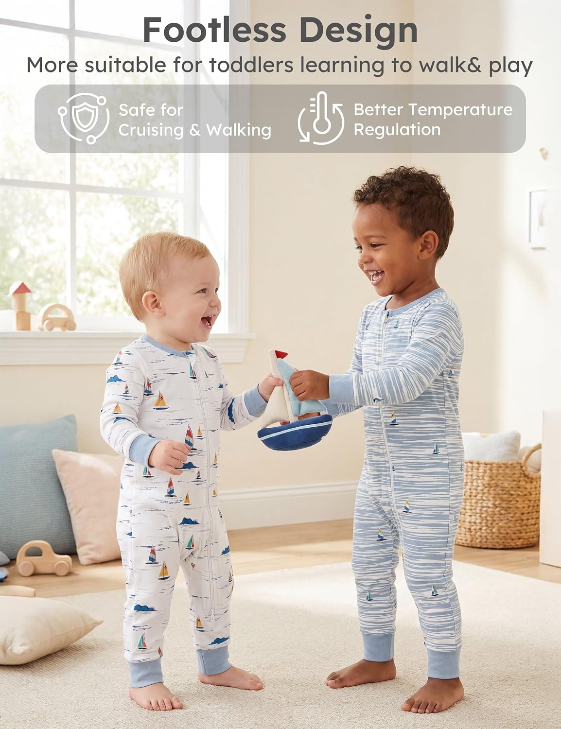 image:imageYoofoss Toddler Pajamas 100 Organic Cotton Baby Sleeper for Boys Girls 2way Zipper Footless Romper 3 Pack Baby PjsBlue White Sailboat