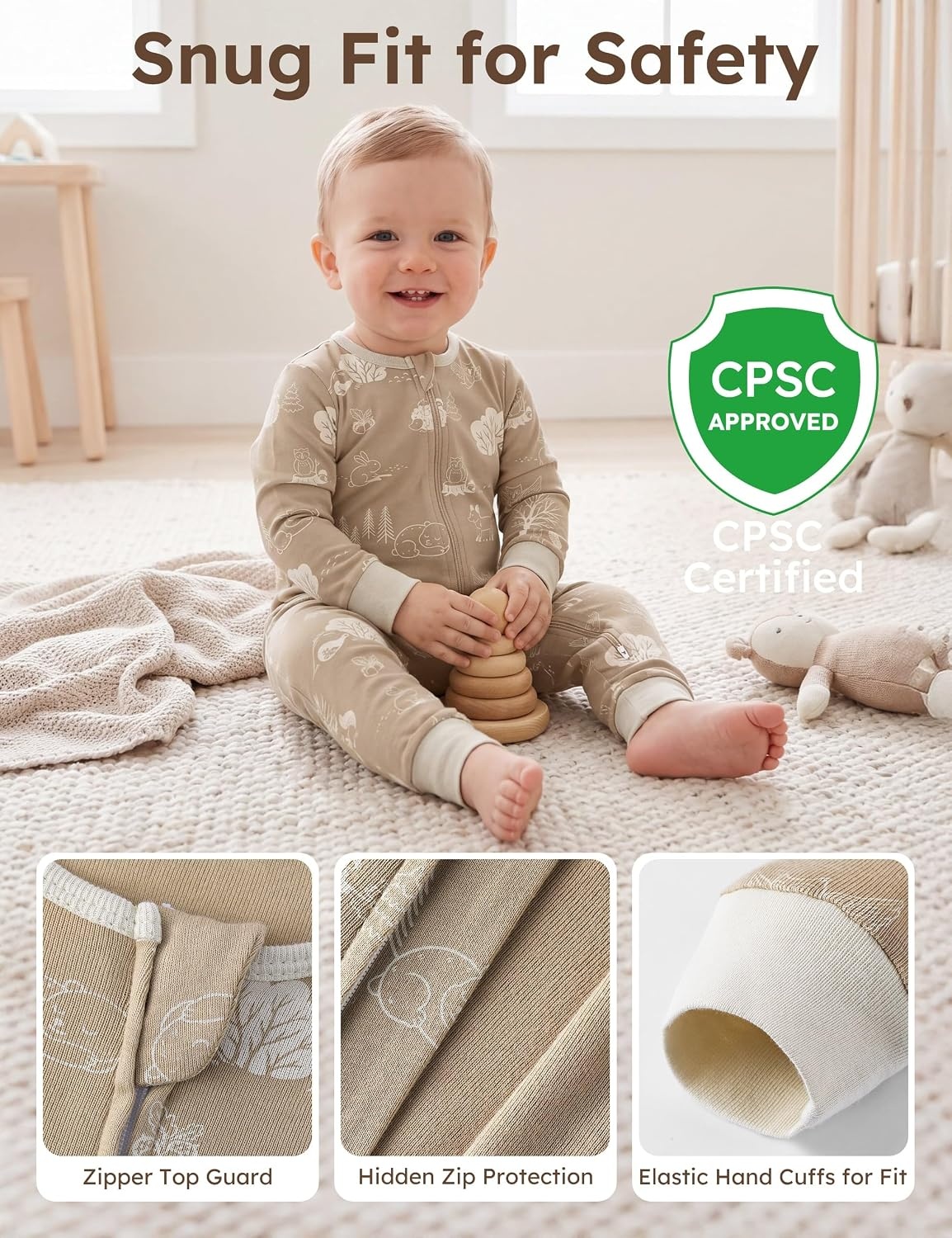 image:imageYoofoss Toddler Pajamas 100 Organic Cotton Baby Sleeper for Boys Girls 2way Zipper Footless Romper 3 Pack Baby PjsBrown White Animal
