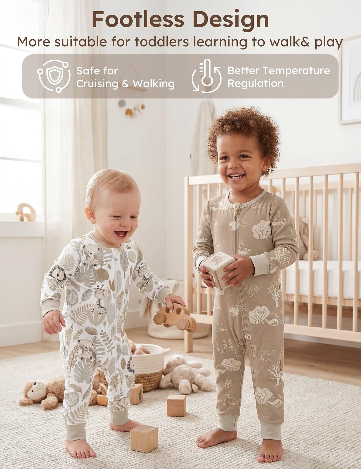 image:imageYoofoss Toddler Pajamas 100 Organic Cotton Baby Sleeper for Boys Girls 2way Zipper Footless Romper 3 Pack Baby PjsBrown White Animal