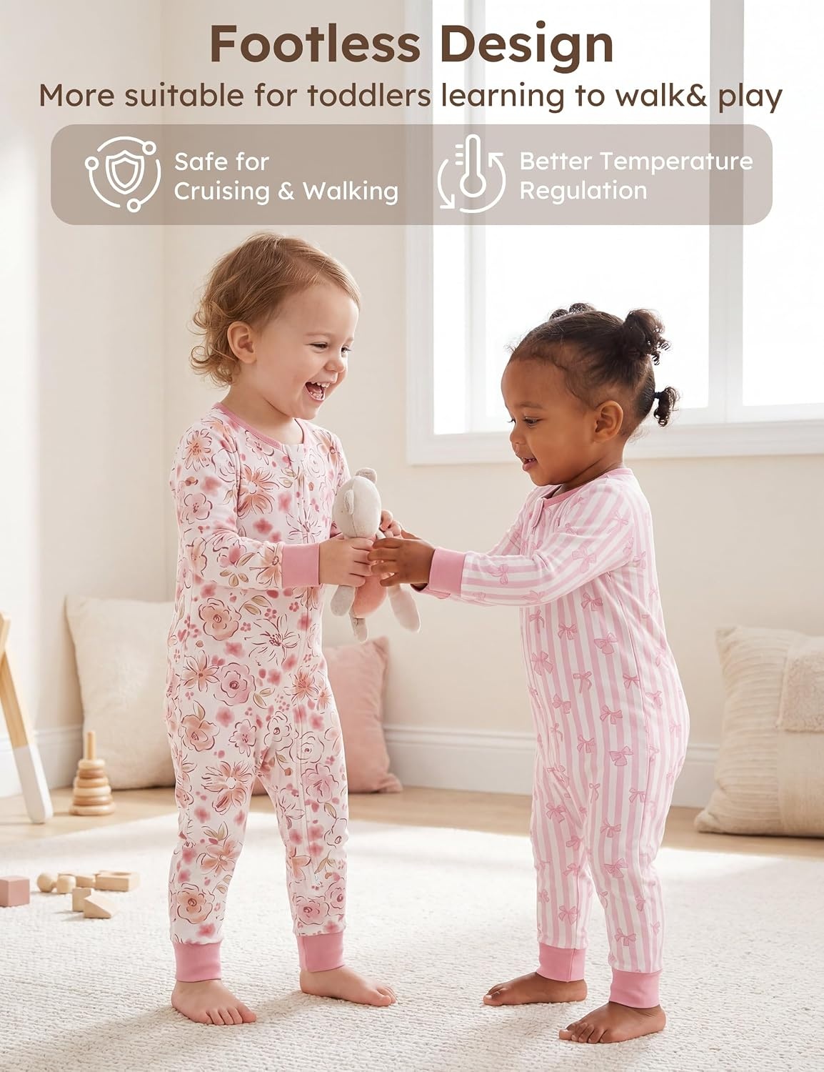 image:imageYoofoss Toddler Pajamas 100 Organic Cotton Baby Sleeper for Boys Girls 2way Zipper Footless Romper 3 Pack Baby PjsPurple Pink Cherry Blossom