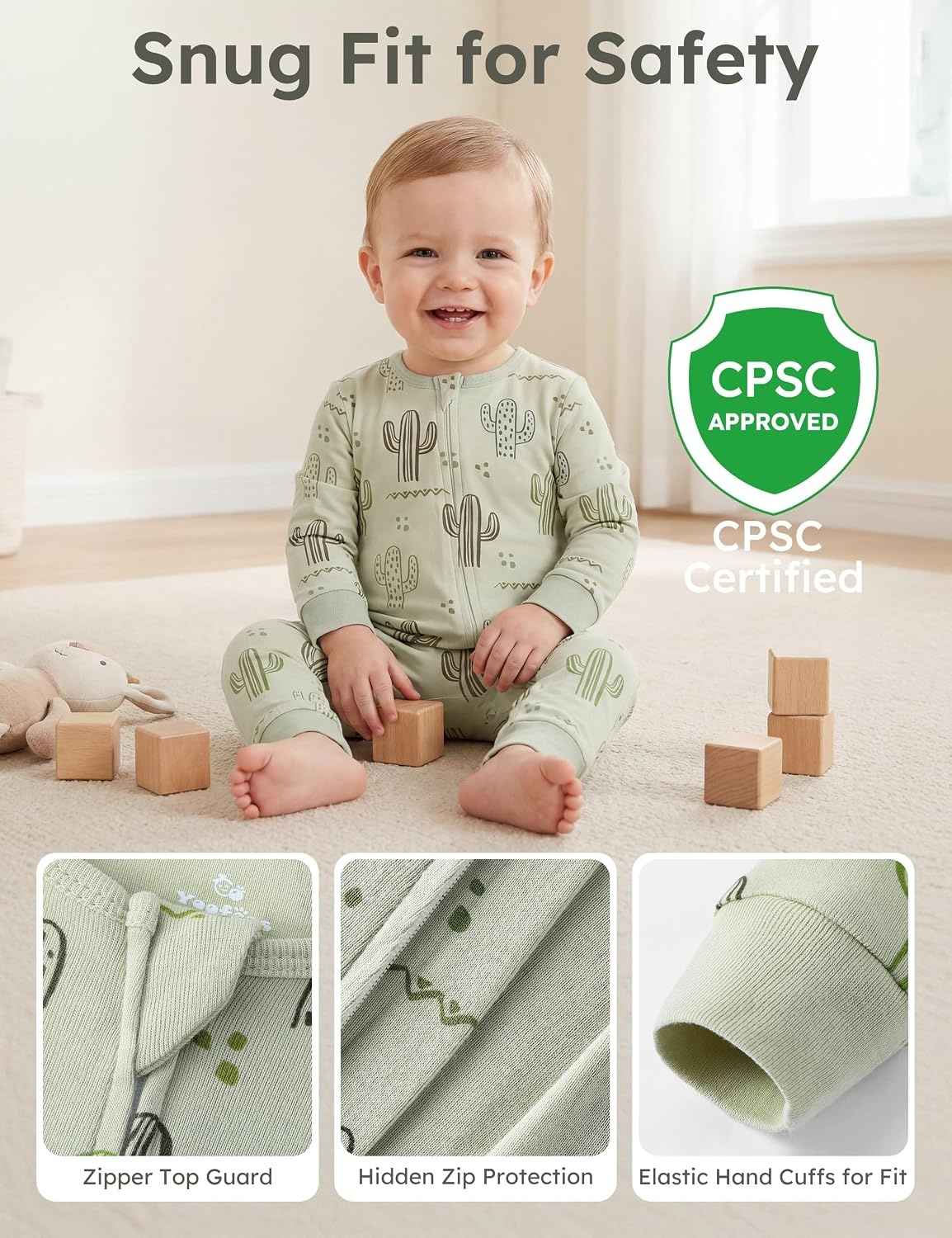 image:imageYoofoss Toddler Pajamas 100 Organic Cotton Baby Sleeper for Boys Girls 2way Zipper Footless Romper 3 Pack Baby PjsYellow Green Animal