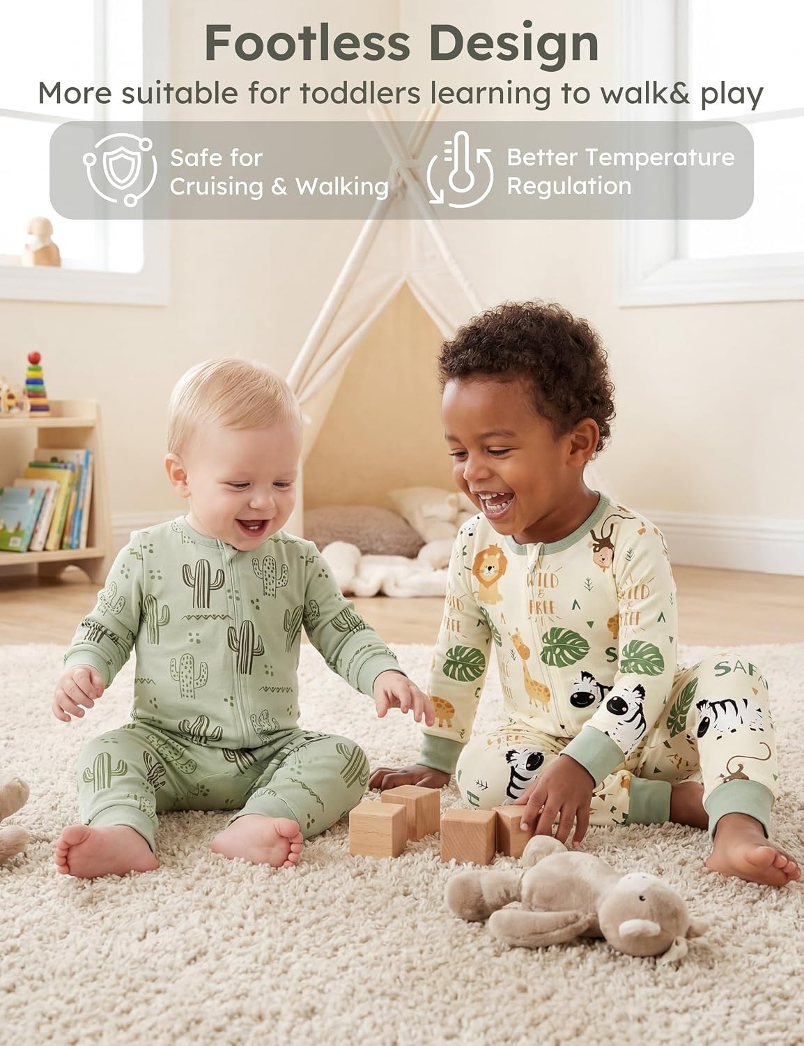 image:imageYoofoss Toddler Pajamas 100 Organic Cotton Baby Sleeper for Boys Girls 2way Zipper Footless Romper 3 Pack Baby PjsYellow Green Animal