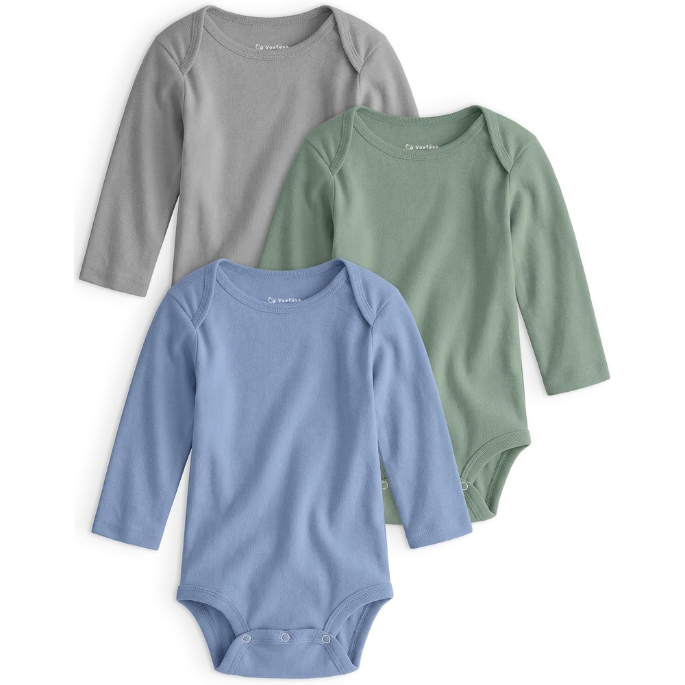 image:imageYoofoss Baby Bodysuits 100 Organic Cotton Long Sleeve for Boy Girl 3 PackBlueGreenGrey