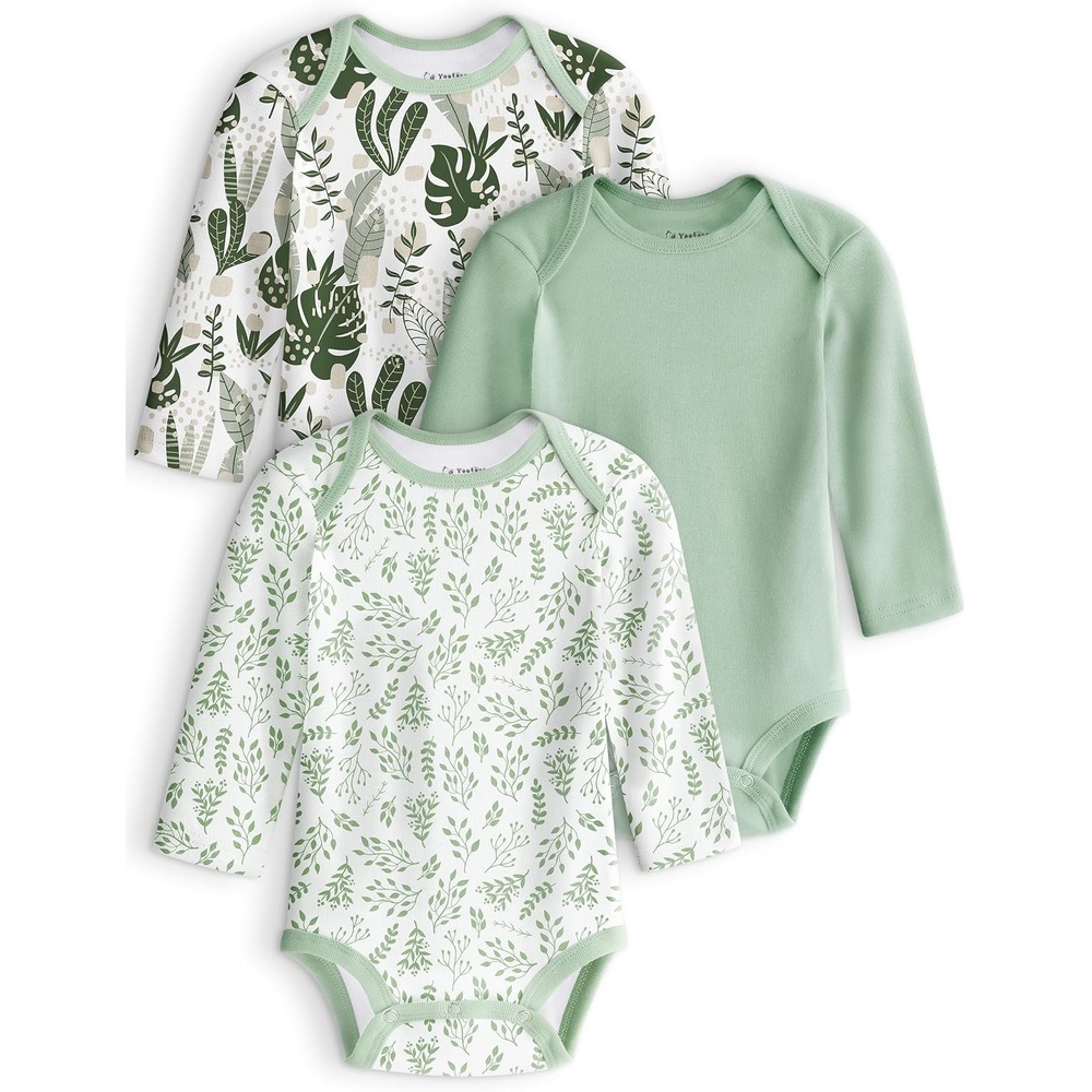 image:imageYoofoss Baby Bodysuits 100 Organic Cotton Long Sleeve for Boy Girl 3 PackGreen Leaves