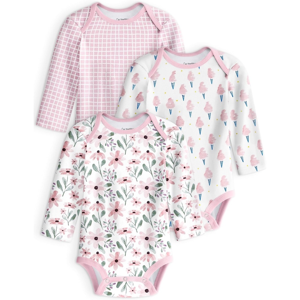 image:imageYoofoss Baby Bodysuits 100 Organic Cotton Long Sleeve for Boy Girl 3 PackPink Flower