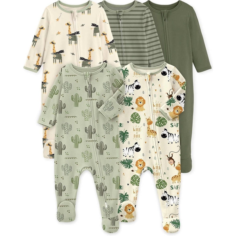 image:imageYoofoss Baby Sleepers 5 pack 100 Organic Cotton Girl Boys Newborn PajamasYellow  Green Animal