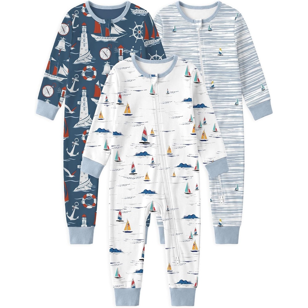 image:imageYoofoss Toddler Pajamas 100 Organic Cotton Baby Sleeper for Boys Girls 2way Zipper Footless Romper 3 Pack Baby PjsBlue White Sailboat