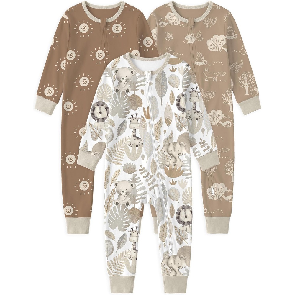 image:imageYoofoss Toddler Pajamas 100 Organic Cotton Baby Sleeper for Boys Girls 2way Zipper Footless Romper 3 Pack Baby PjsBrown White Animal