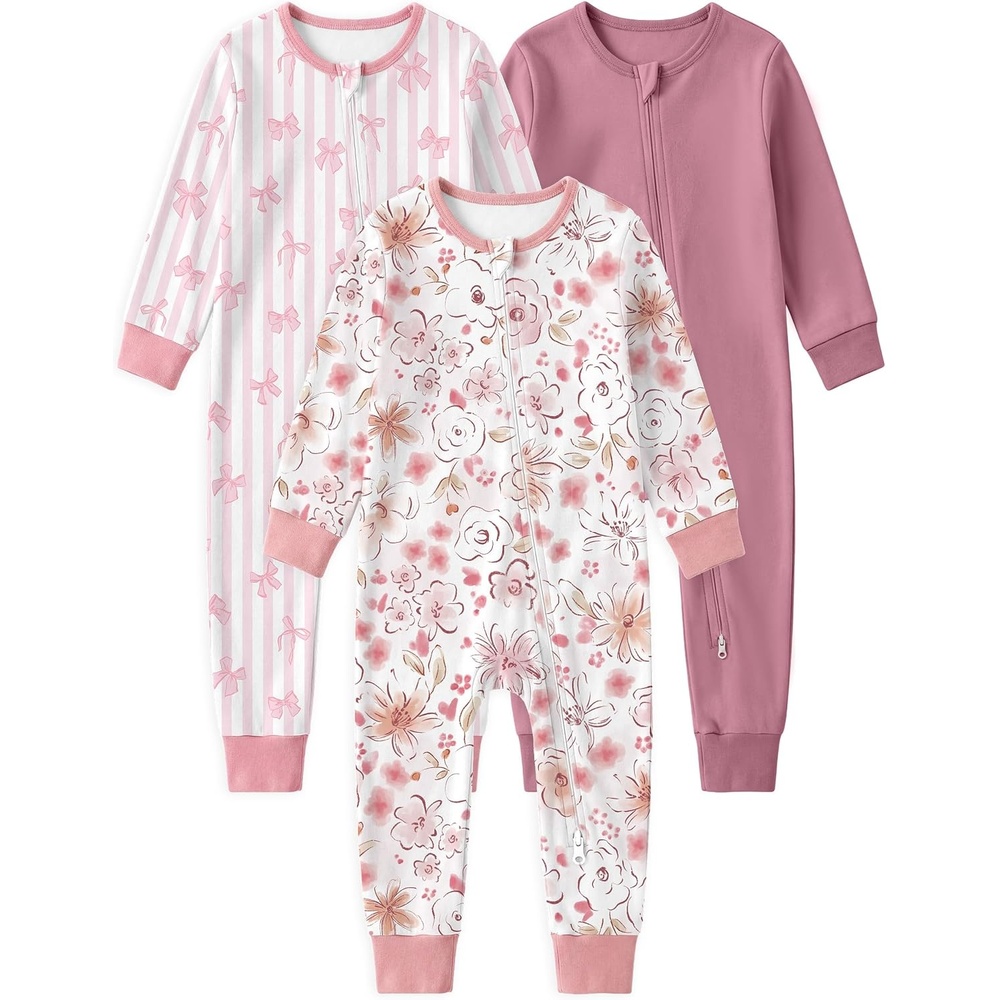 image:imageYoofoss Toddler Pajamas 100 Organic Cotton Baby Sleeper for Boys Girls 2way Zipper Footless Romper 3 Pack Baby PjsPurple Pink Cherry Blossom