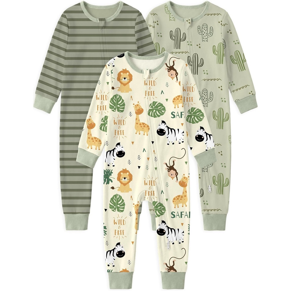 image:imageYoofoss Toddler Pajamas 100 Organic Cotton Baby Sleeper for Boys Girls 2way Zipper Footless Romper 3 Pack Baby PjsYellow Green Animal