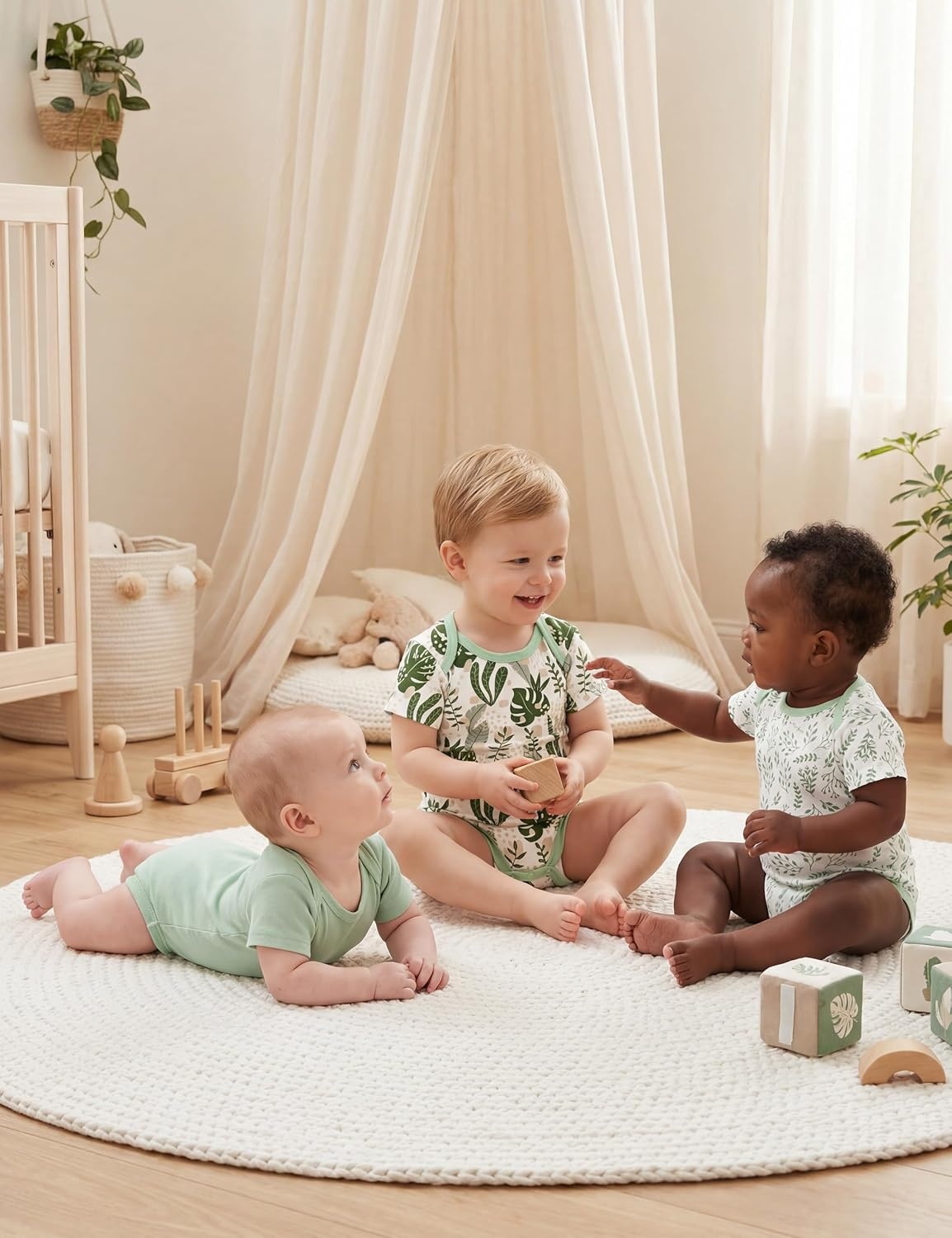 image:imageYoofoss Baby Bodysuits 100 Organic Cotton Short Sleeve for Boy Girl 5 PackGreen Leaves