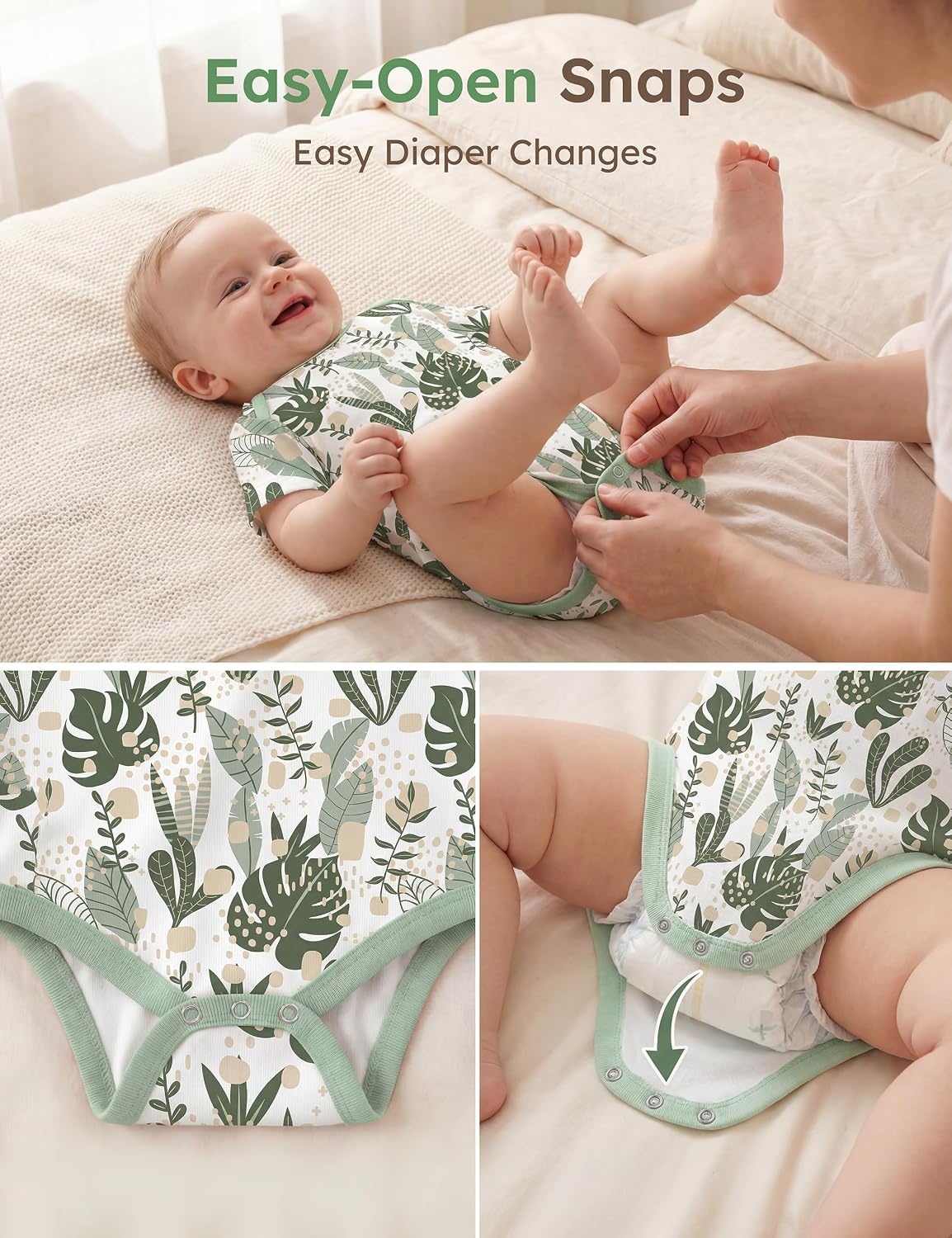 image:imageYoofoss Baby Bodysuits 100 Organic Cotton Short Sleeve for Boy Girl 5 PackGreen Leaves
