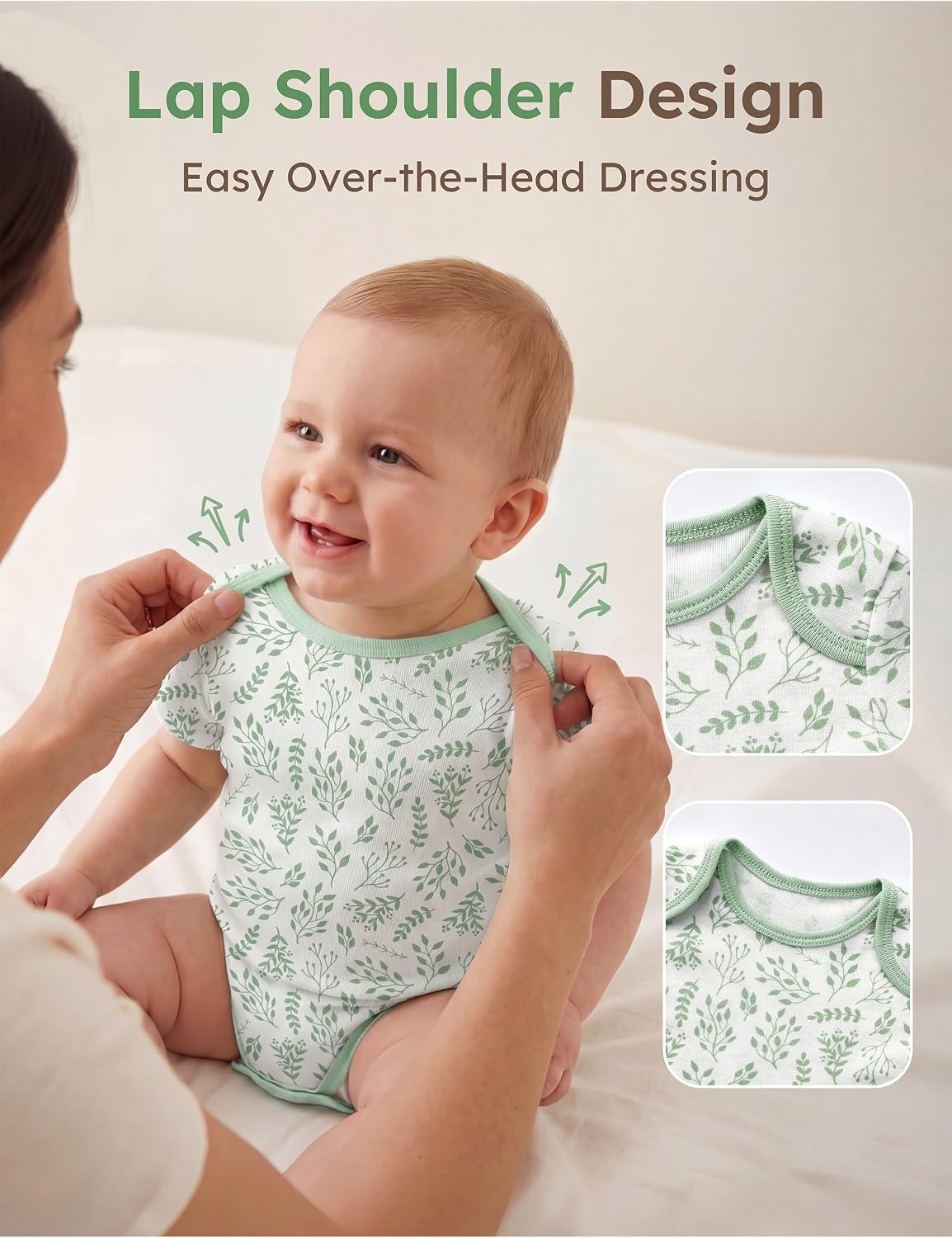 image:imageYoofoss Baby Bodysuits 100 Organic Cotton Short Sleeve for Boy Girl 5 PackGreen Leaves