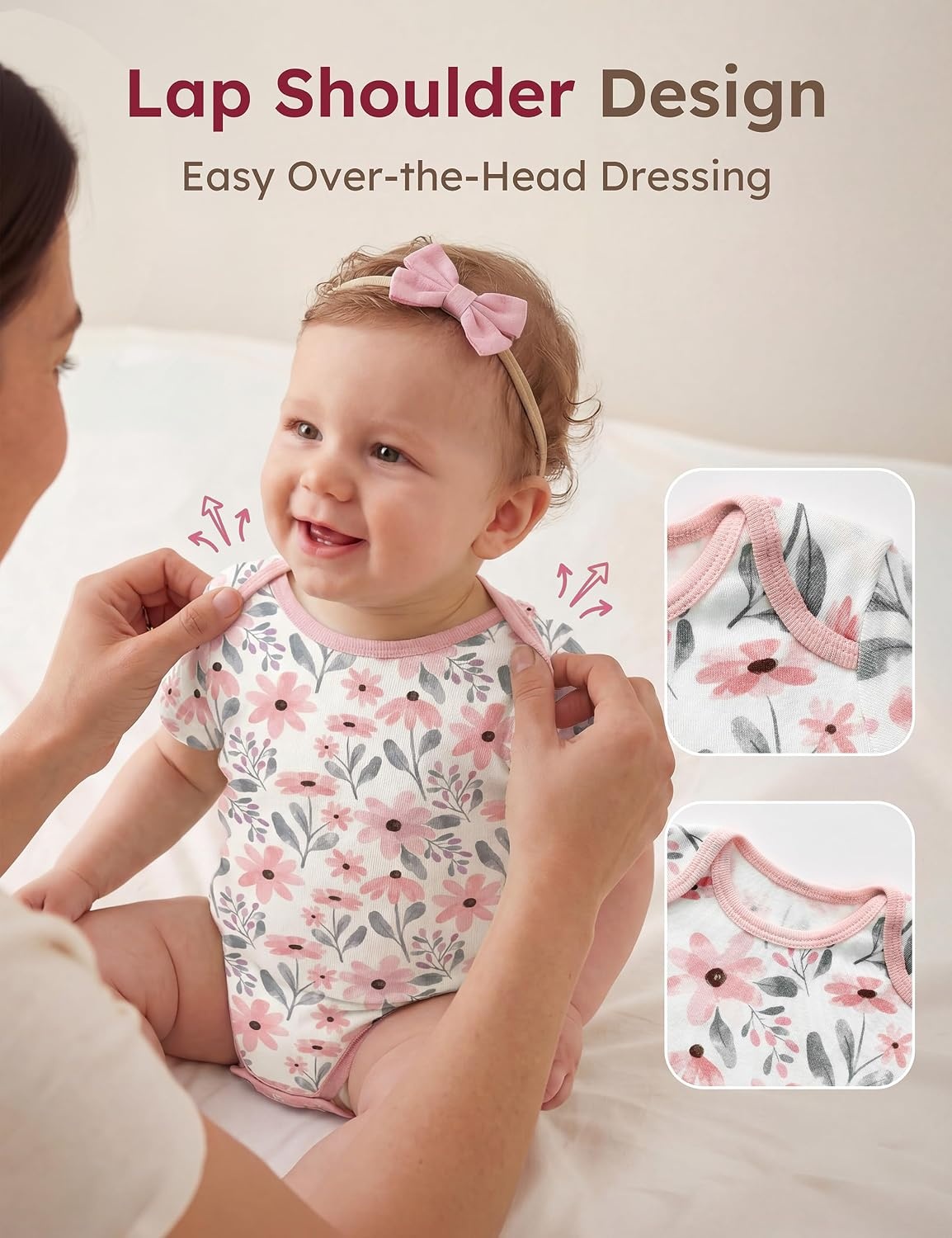 image:imageYoofoss Baby Bodysuits 100 Organic Cotton Short Sleeve for Boy Girl 5 PackPink Flowers