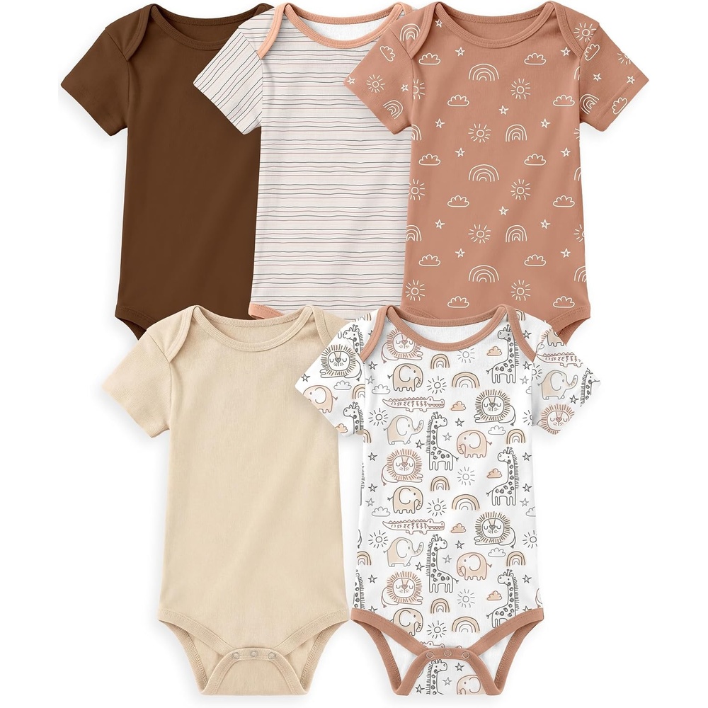 image:imageYoofoss Baby Bodysuits 100 Organic Cotton Short Sleeve for Boy Girl 5 PackBrown Animals
