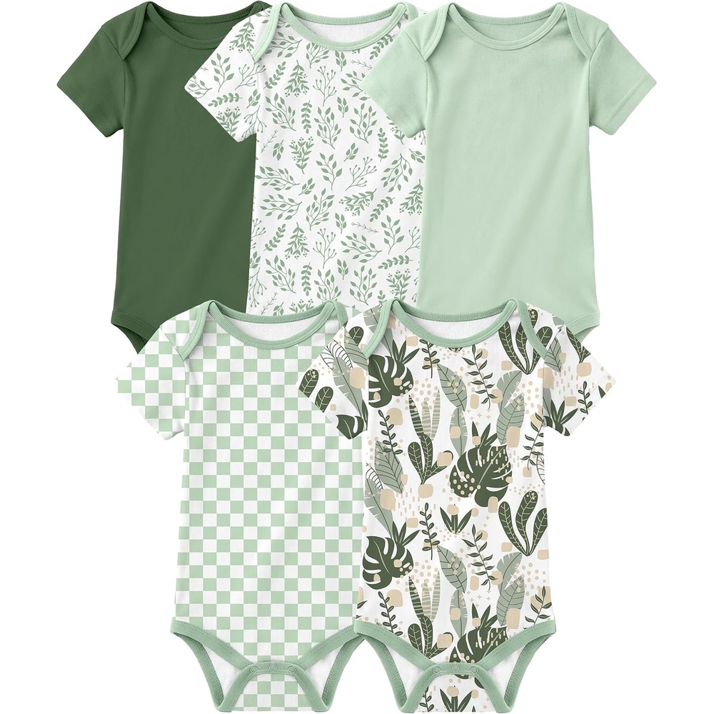 image:imageYoofoss Baby Bodysuits 100 Organic Cotton Short Sleeve for Boy Girl 5 PackGreen Leaves